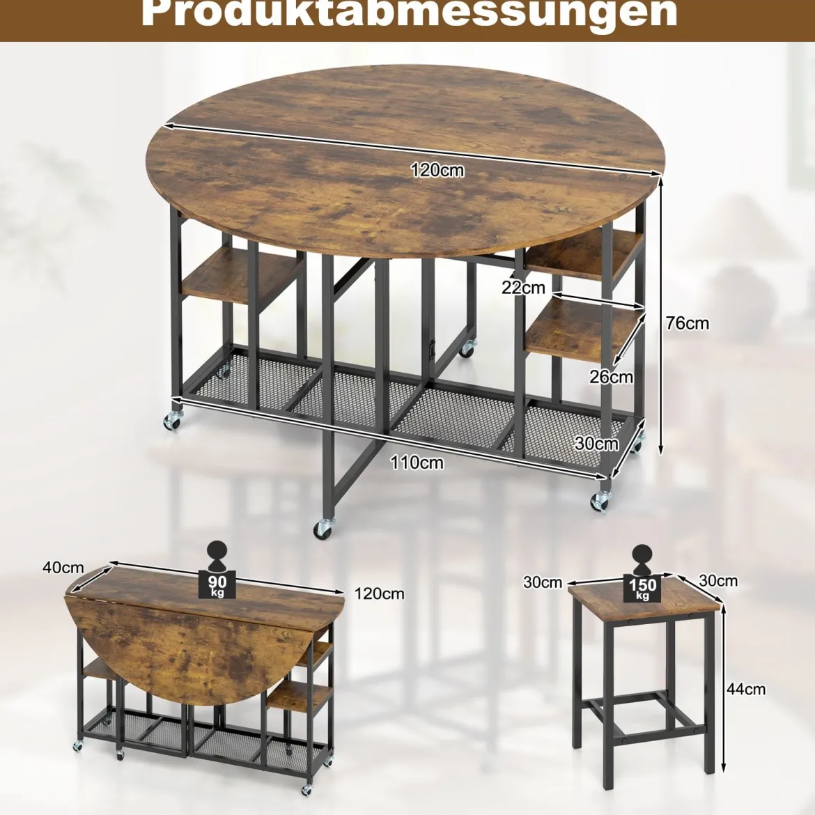 3 TLG. Essgruppe Klappbarer Küchentisch mit 2 Hocker & Weinregal & Ablagen Esszimmergruppe