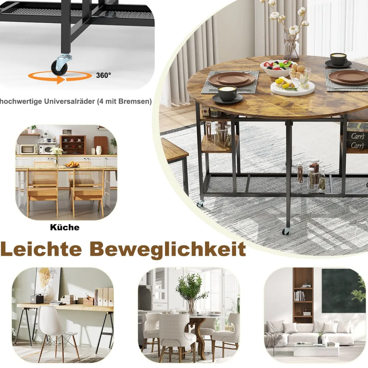 3 TLG. Essgruppe Klappbarer Küchentisch mit 2 Hocker & Weinregal & Ablagen Esszimmergruppe