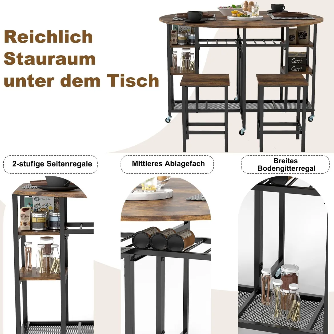 3 TLG. Essgruppe Klappbarer Küchentisch mit 2 Hocker & Weinregal & Ablagen Esszimmergruppe