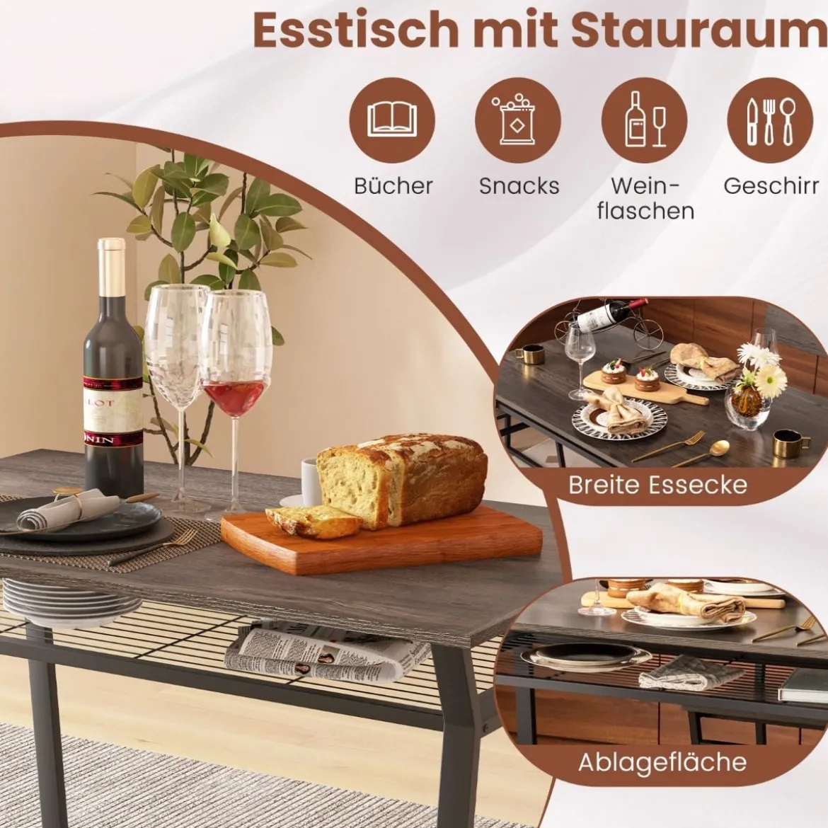 5 tlg. Esstisch Set Küchentisch mit 4 Stühlen & Regal Industrie Essgruppe Sitzgruppe Grau
