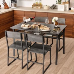 5 tlg. Esstisch Set Küchentisch mit 4 Stühlen & Regal Industrie Essgruppe Sitzgruppe Grau
