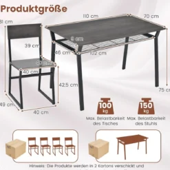 5 tlg. Esstisch Set Küchentisch mit 4 Stühlen & Regal Industrie Essgruppe Sitzgruppe Grau