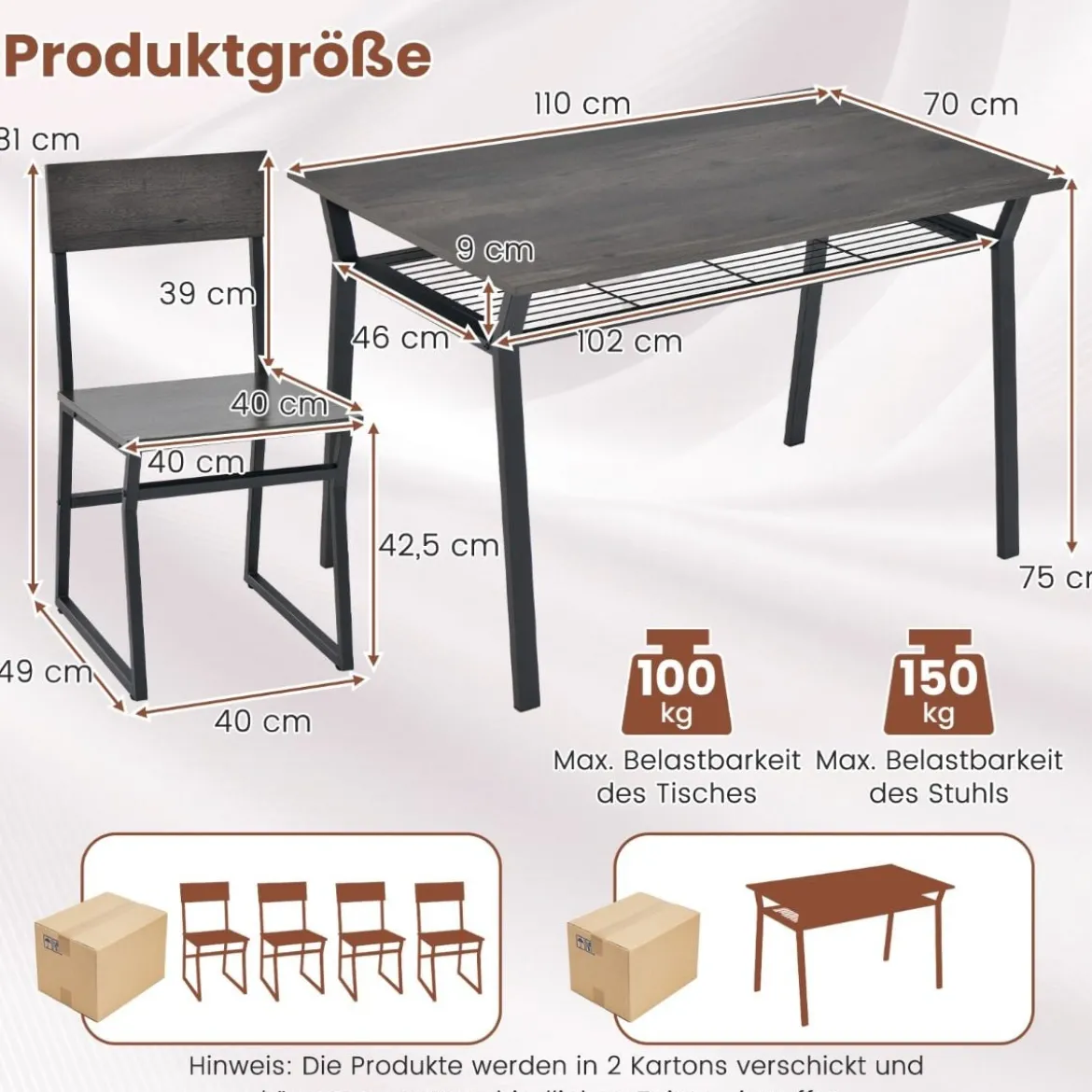 5 tlg. Esstisch Set Küchentisch mit 4 Stühlen & Regal Industrie Essgruppe Sitzgruppe Grau