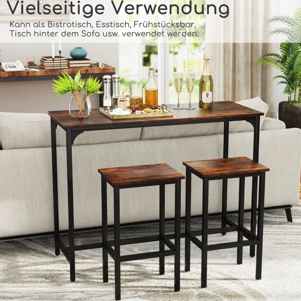 3 TLG. Esstischset mit Stehtisch & 2 Hockern Industrieller Küchentisch in Thekenhöhe Sitzgarnitur