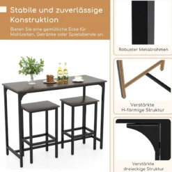 3 TLG. Esstischset mit Stehtisch & 2 Hockern Industrieller Küchentisch in Thekenhöhe Sitzgarnitur