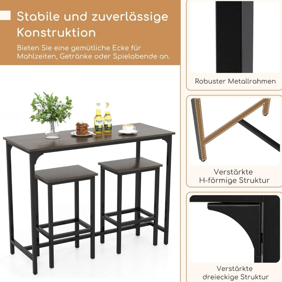 3 TLG. Esstischset mit Stehtisch & 2 Hockern Industrieller Küchentisch in Thekenhöhe Sitzgarnitur