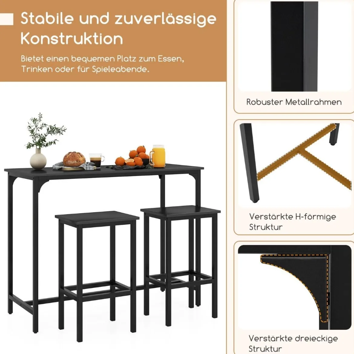 3 TLG. Esstischset mit Stehtisch & 2 Hockern Industrieller Küchentisch in Thekenhöhe Sitzgarnitur