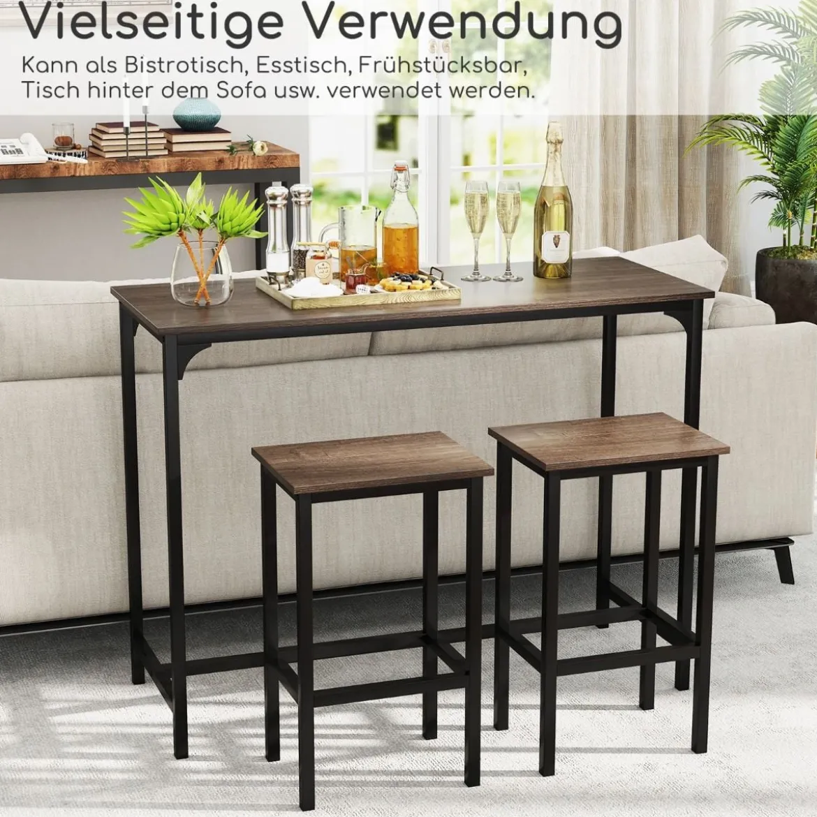 3 TLG. Esstischset mit Stehtisch & 2 Hockern Industrieller Küchentisch in Thekenhöhe Sitzgarnitur