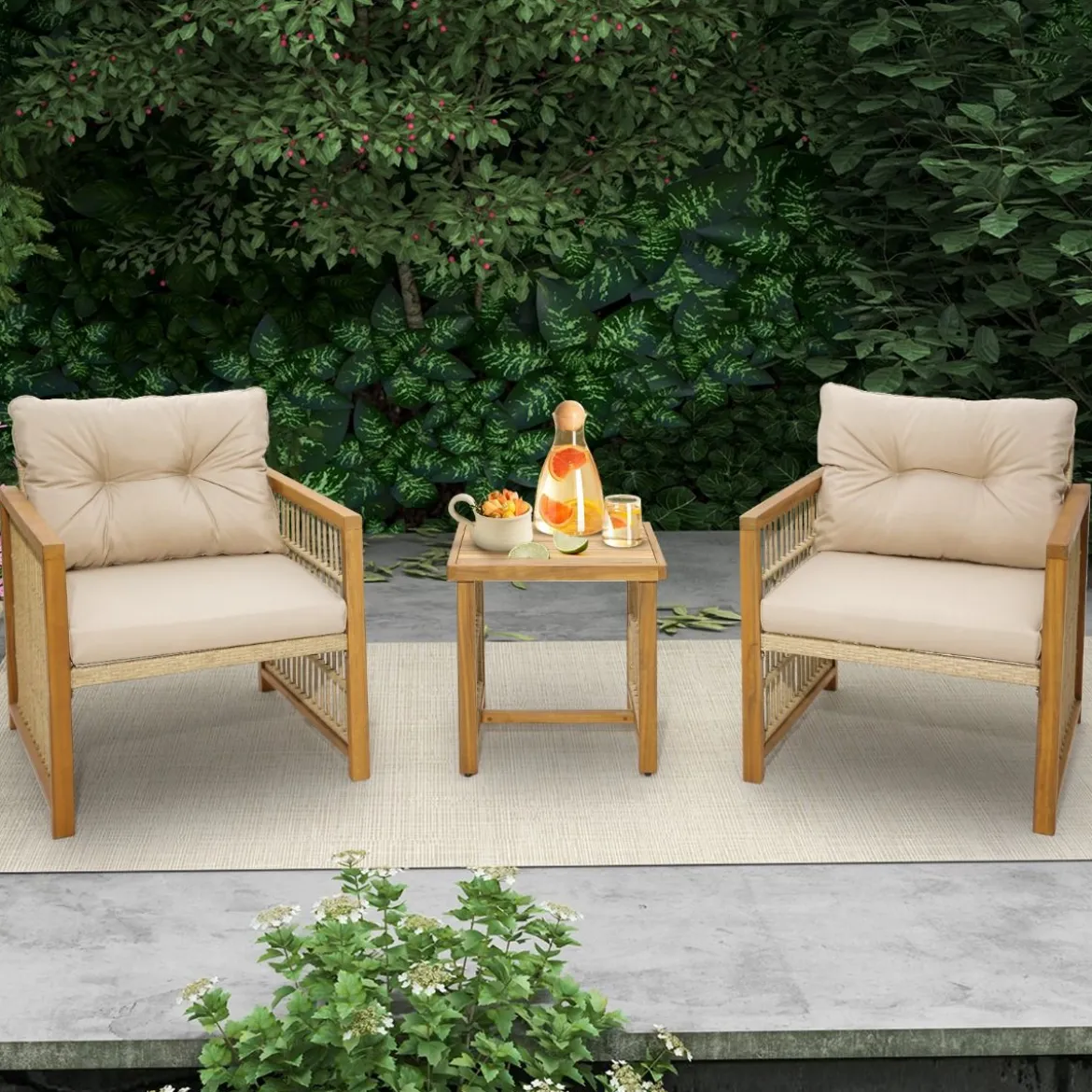 3tlg. Gartenmöbel Akazienholz Set inkl. 2 Holzsessel und 1 Beistelltisch