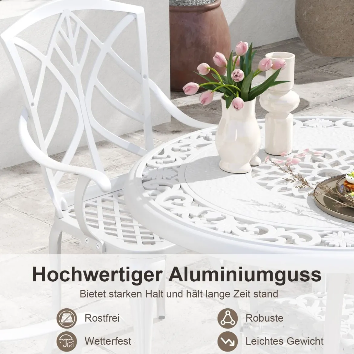 5-TLG. Gartenmöbel Set aus Aluminiumguss inkl. 4 Stühle & 1 Tisch mit Schirmloch Gartengarnitur