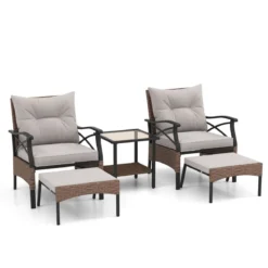 5tlg. Gartenmöbel Set aus PE-Polyrattan inkl. Hocker & Tisch & 2 Stühle mit Kissen Balkonset