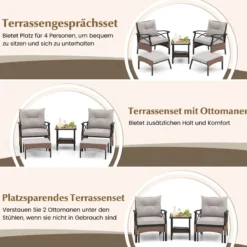 5tlg. Gartenmöbel Set aus PE-Polyrattan inkl. Hocker & Tisch & 2 Stühle mit Kissen Balkonset