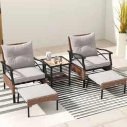 5tlg. Gartenmöbel Set aus PE-Polyrattan inkl. Hocker & Tisch & 2 Stühle mit Kissen Balkonset