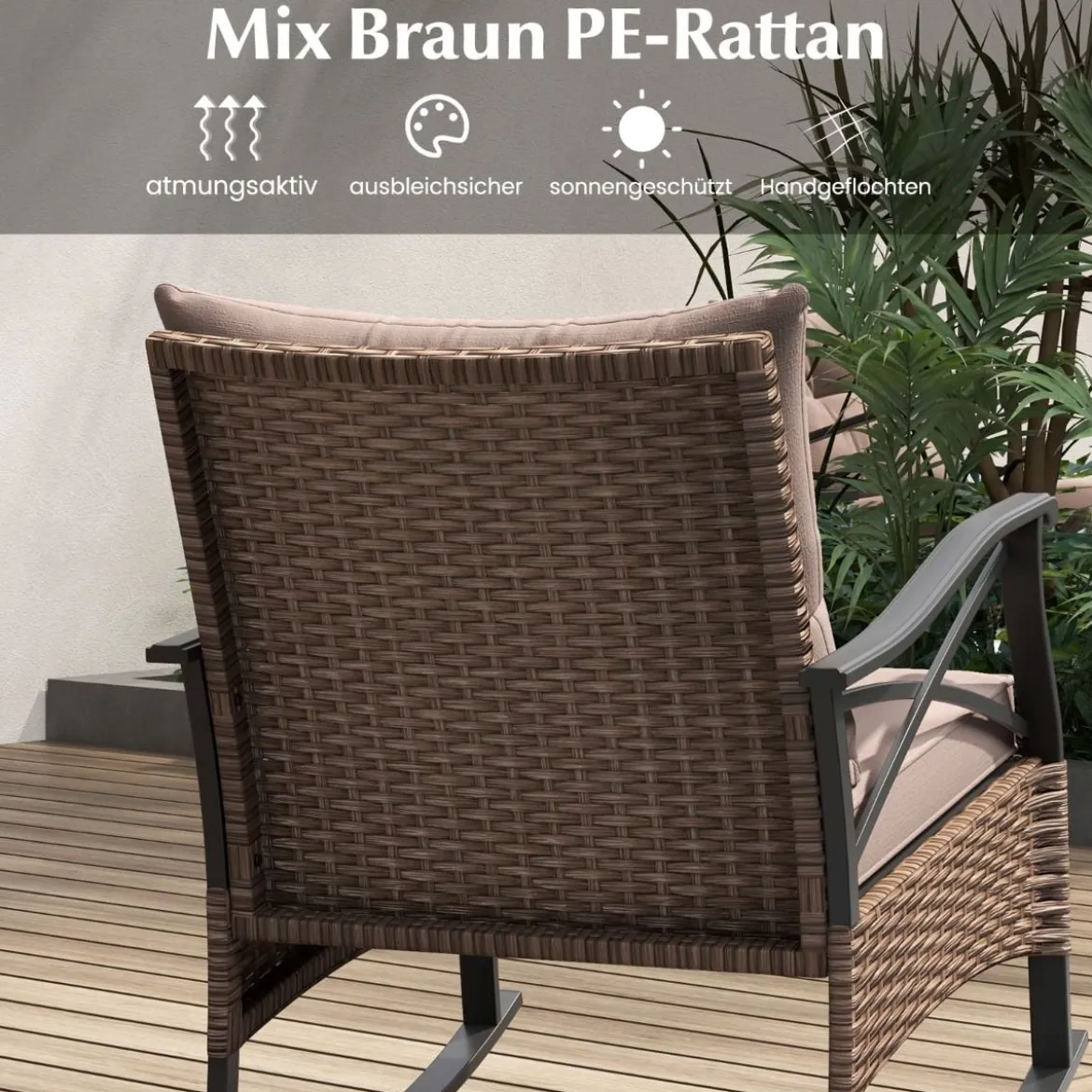 3tlg. Gartenmöbel Set aus PE-Polyrattan inkl. 2 Schaukelstühle mit Kissen & Tisch Balkonmöbel