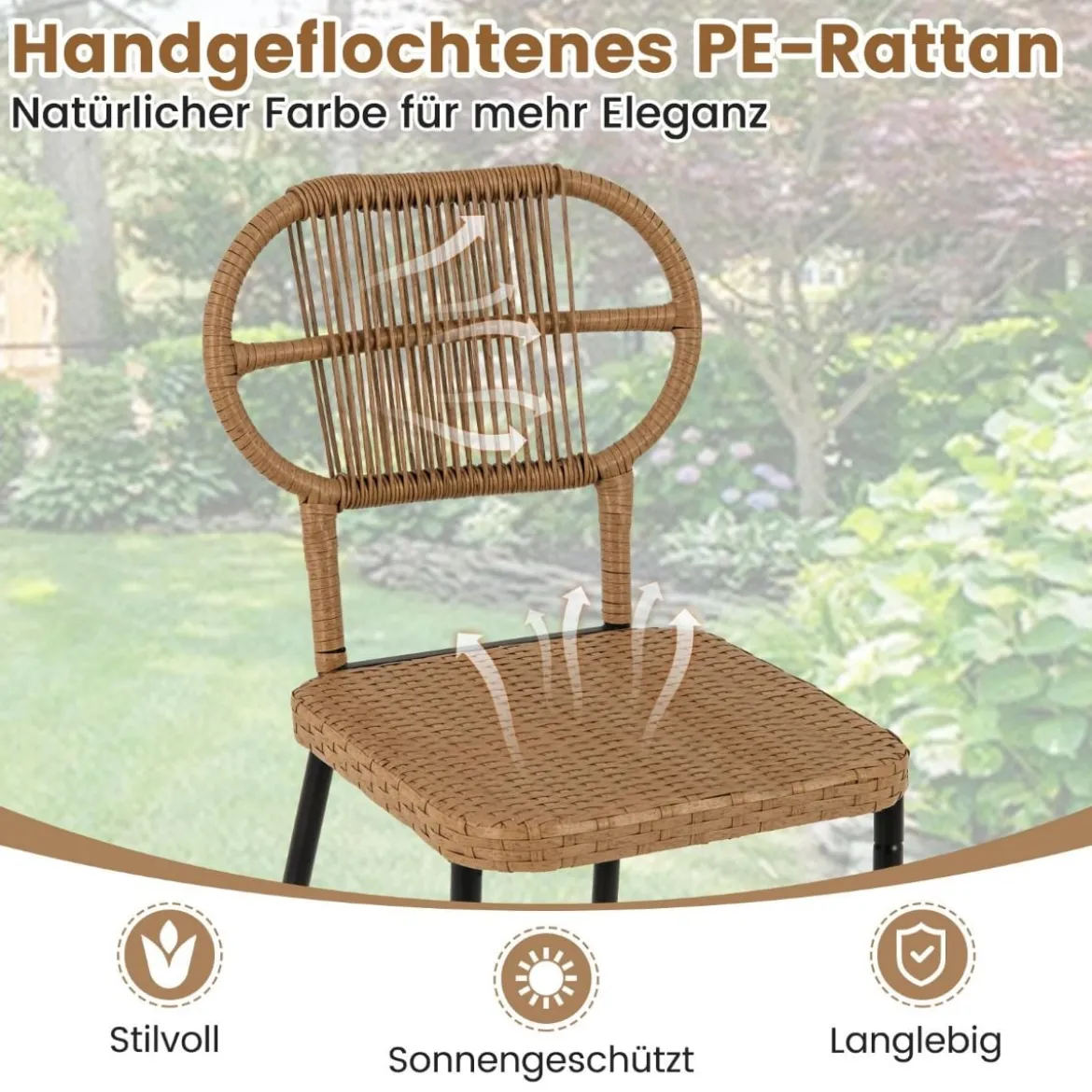 3-TLG. Gartenmöbel Set Balkonmöbel mit 2 Rattanstühle & Esstisch Rattan Terrassenmöbel Platzsparend