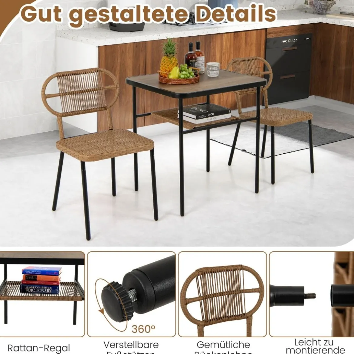 3-TLG. Gartenmöbel Set Balkonmöbel mit 2 Rattanstühle & Esstisch Rattan Terrassenmöbel Platzsparend