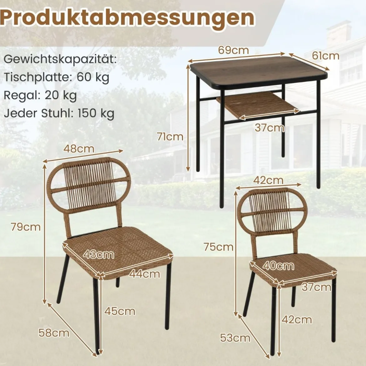 3-TLG. Gartenmöbel Set Balkonmöbel mit 2 Rattanstühle & Esstisch Rattan Terrassenmöbel Platzsparend