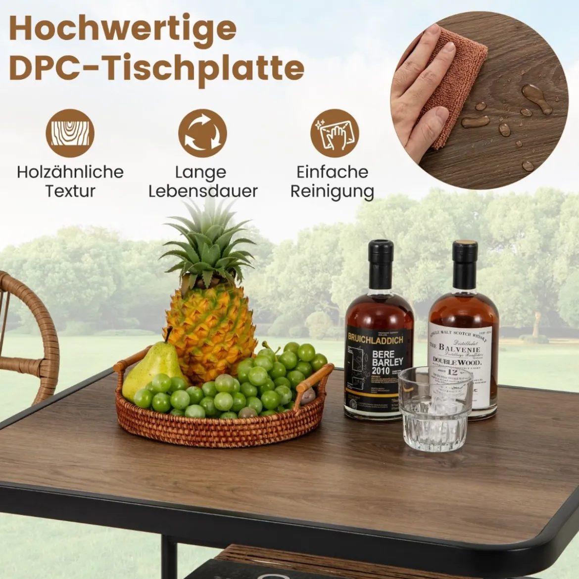 3-TLG. Gartenmöbel Set Balkonmöbel mit 2 Rattanstühle & Esstisch Rattan Terrassenmöbel Platzsparend