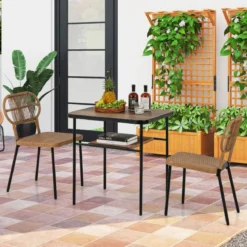 3-TLG. Gartenmöbel Set Balkonmöbel mit 2 Rattanstühle & Esstisch Rattan Terrassenmöbel Platzsparend