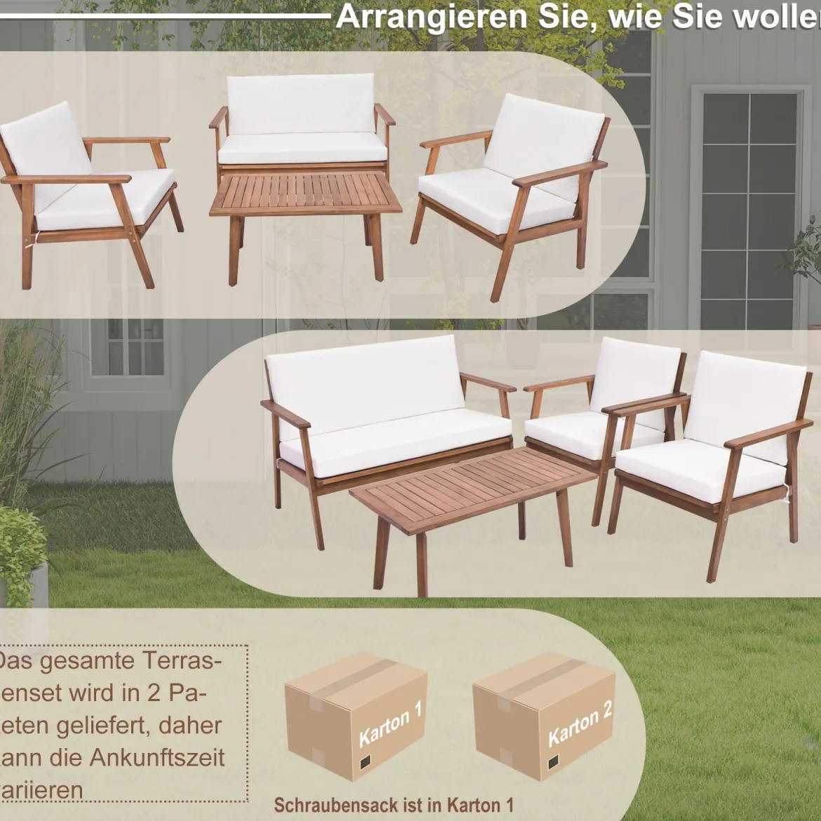 4-TLG. Gartenmöbel Set Balkonmöbel aus Akazienholz Terrassenmöbel mit Sitz- und Rückenkissen Weiß