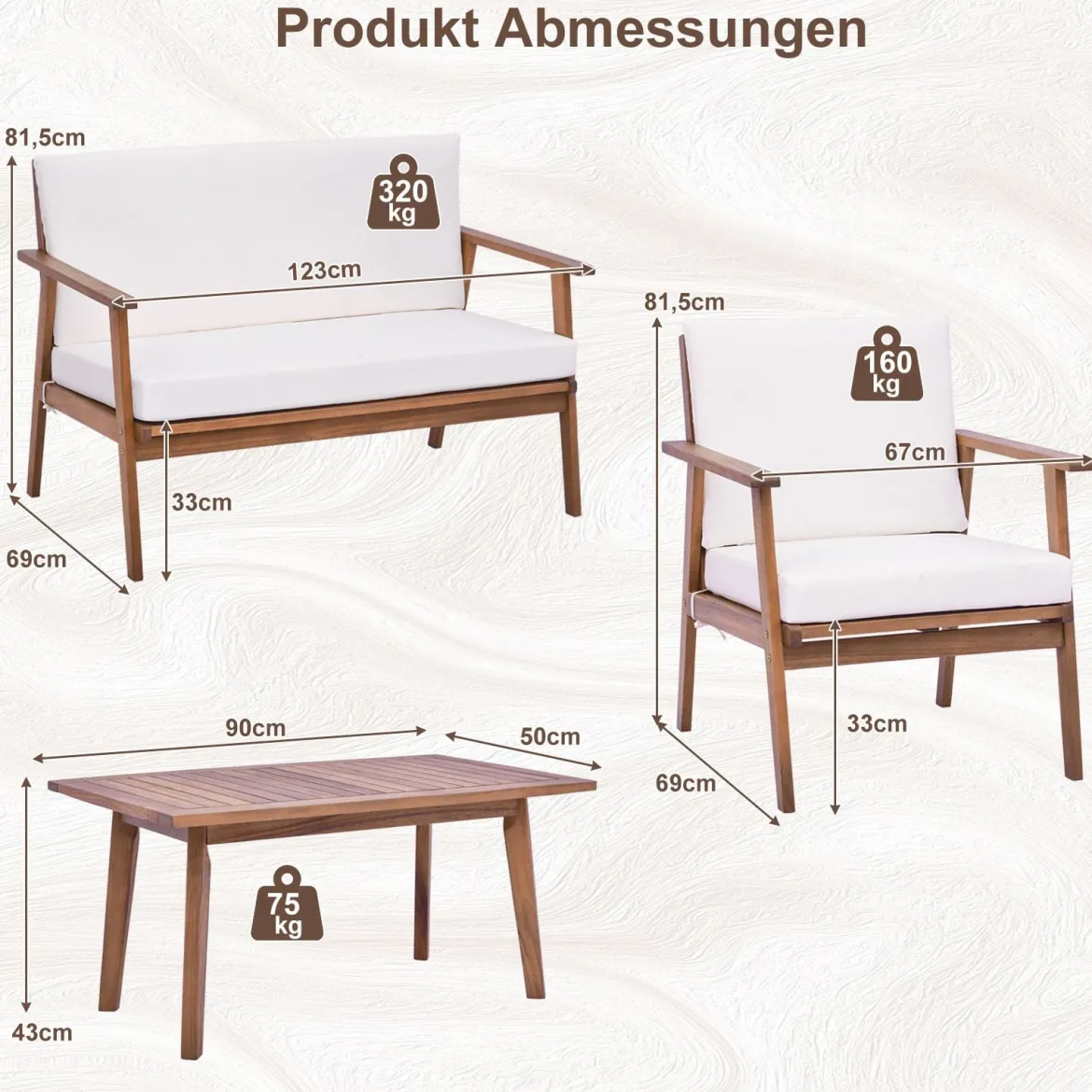 4-TLG. Gartenmöbel Set Balkonmöbel aus Akazienholz Terrassenmöbel mit Sitz- und Rückenkissen Weiß