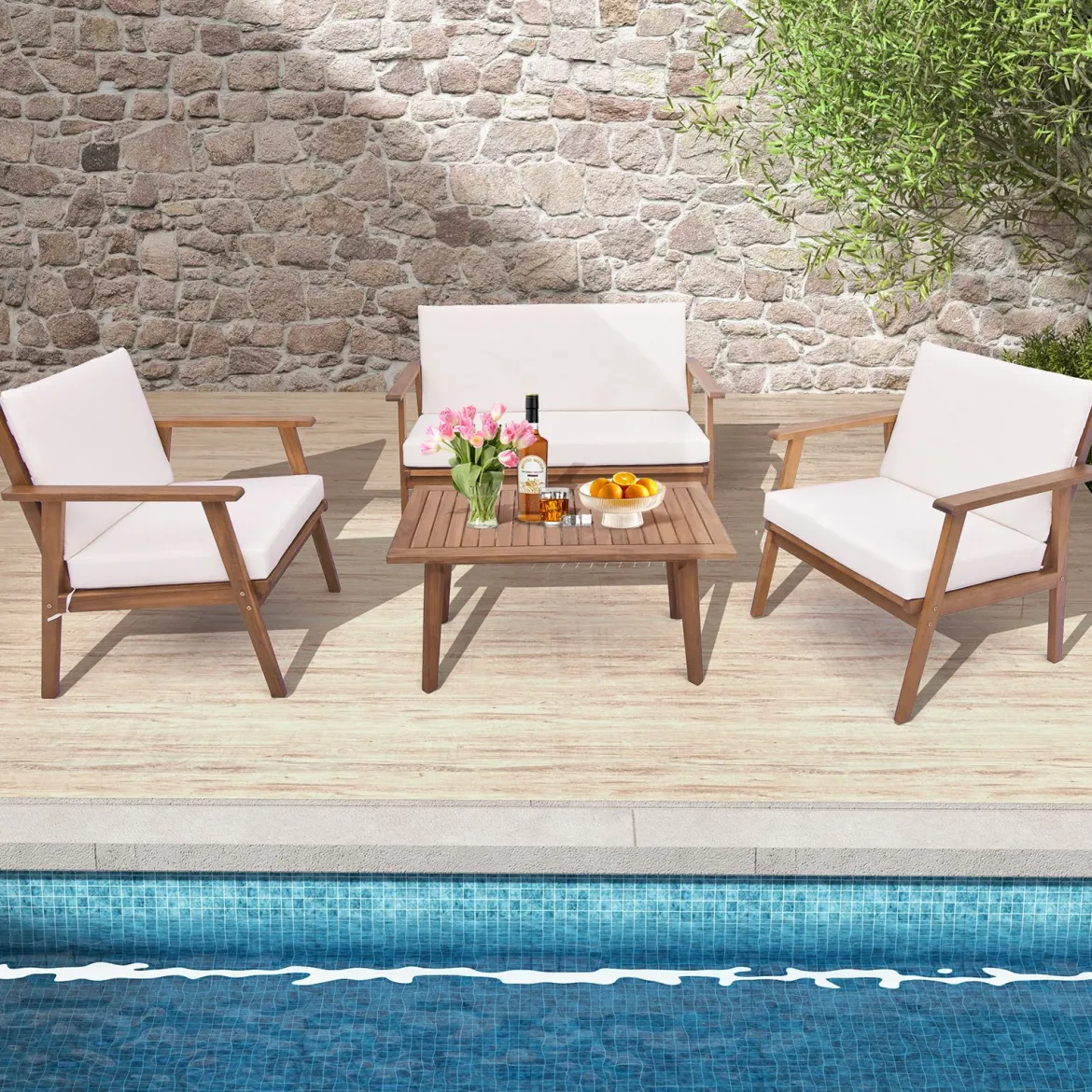 4-TLG. Gartenmöbel Set Balkonmöbel aus Akazienholz Terrassenmöbel mit Sitz- und Rückenkissen Weiß