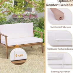 4-TLG. Gartenmöbel Set Balkonmöbel aus Akazienholz Terrassenmöbel mit Sitz- und Rückenkissen Weiß