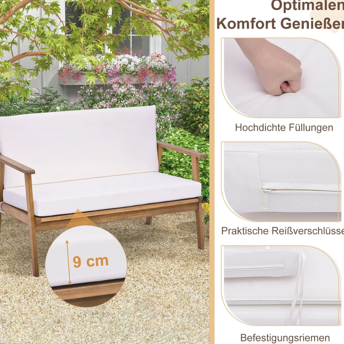 4-TLG. Gartenmöbel Set Balkonmöbel aus Akazienholz Terrassenmöbel mit Sitz- und Rückenkissen Weiß