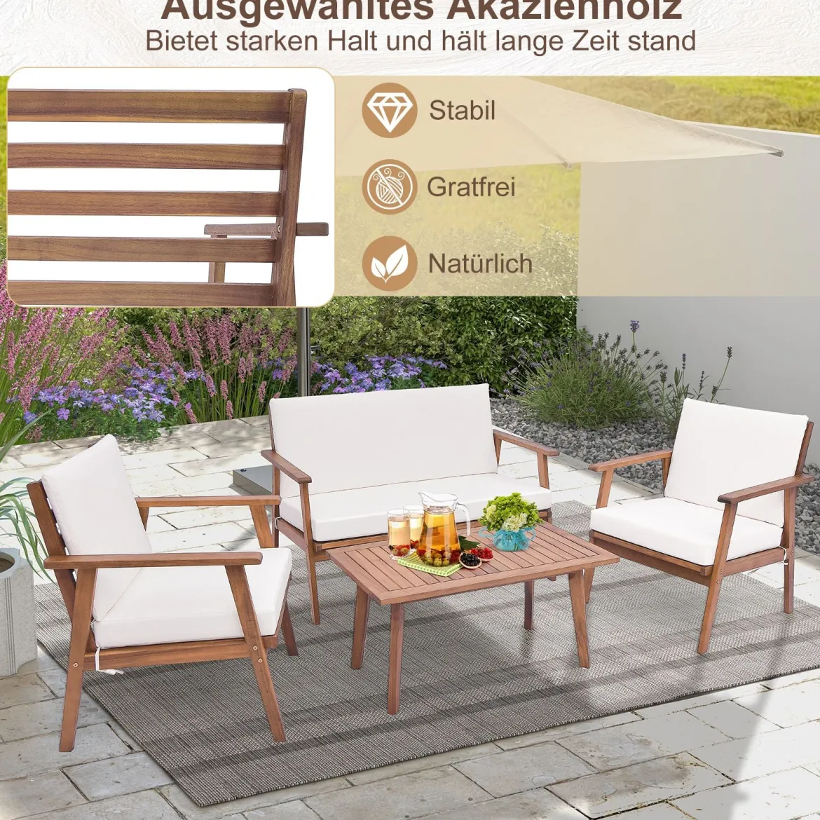 4-TLG. Gartenmöbel Set Balkonmöbel aus Akazienholz Terrassenmöbel mit Sitz- und Rückenkissen Weiß