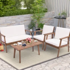 4-TLG. Gartenmöbel Set Balkonmöbel aus Akazienholz Terrassenmöbel mit Sitz- und Rückenkissen Weiß