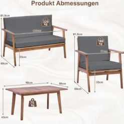 4-TLG. Gartenmöbel Set Balkonmöbel aus Akazienholz Terrassenmöbel mit Sitz- und Rückenkissen Grau