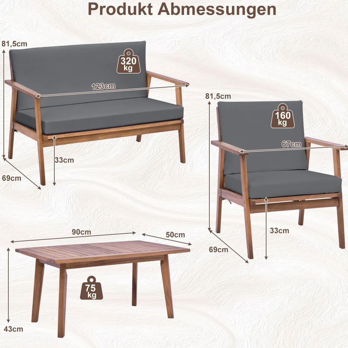 4-TLG. Gartenmöbel Set Balkonmöbel aus Akazienholz Terrassenmöbel mit Sitz- und Rückenkissen Grau