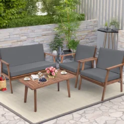 4-TLG. Gartenmöbel Set Balkonmöbel aus Akazienholz Terrassenmöbel mit Sitz- und Rückenkissen Grau