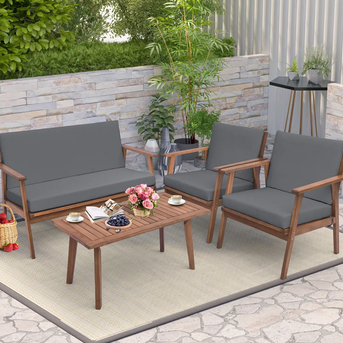 4-TLG. Gartenmöbel Set Balkonmöbel aus Akazienholz Terrassenmöbel mit Sitz- und Rückenkissen Grau