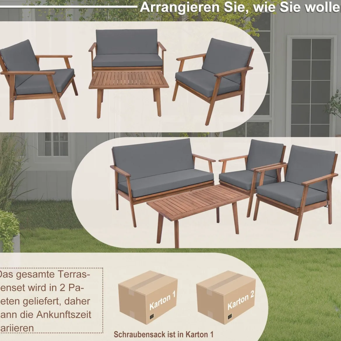 4-TLG. Gartenmöbel Set Balkonmöbel aus Akazienholz Terrassenmöbel mit Sitz- und Rückenkissen Grau