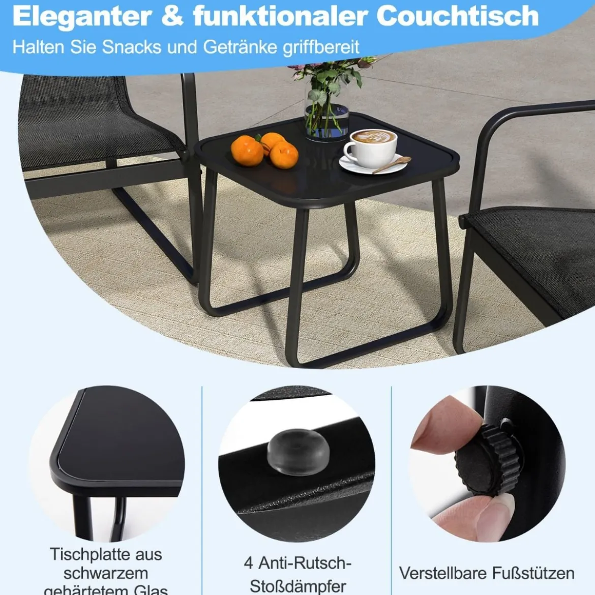 3-TLG. Gartenmöbel Set Balkonset mit 2 Stühlen und Tisch Balkonmöbel mit atmungsaktivem Stoff Schwarz