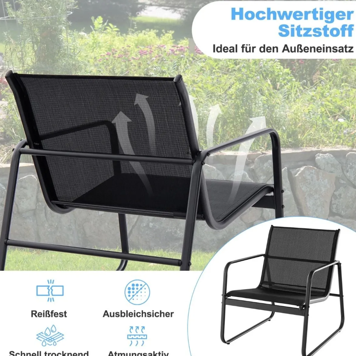 3-TLG. Gartenmöbel Set Balkonset mit 2 Stühlen und Tisch Balkonmöbel mit atmungsaktivem Stoff Schwarz