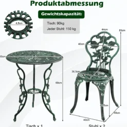3-tlg. Gartenmöbel Set Balkonset mit 2 Stühle & Tisch aus Aluminiumguss & Gusseisen Rosen