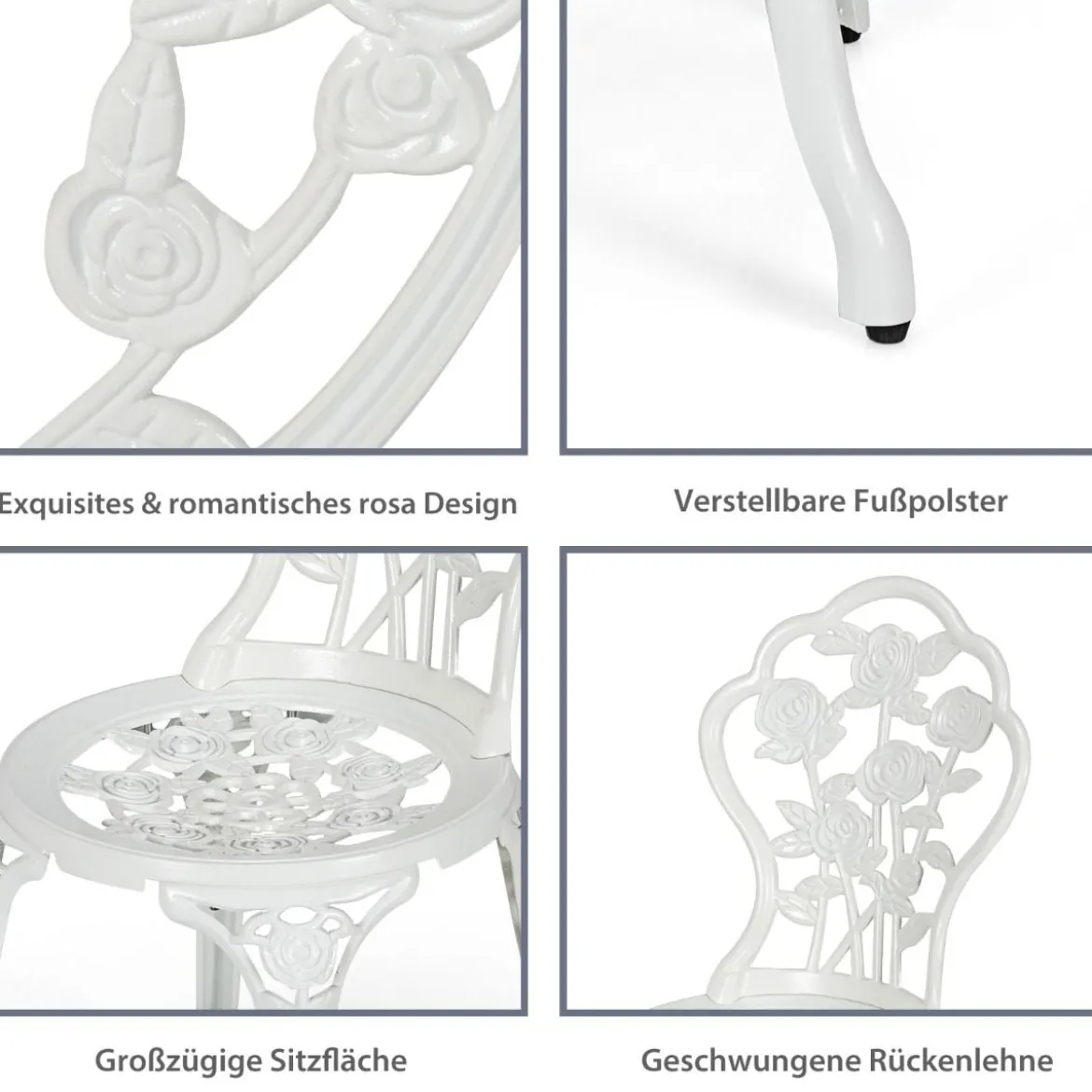 3-tlg. Gartenmöbel Set Balkonset mit 2 Stühle & Tisch aus Aluminiumguss & Gusseisen Rosen