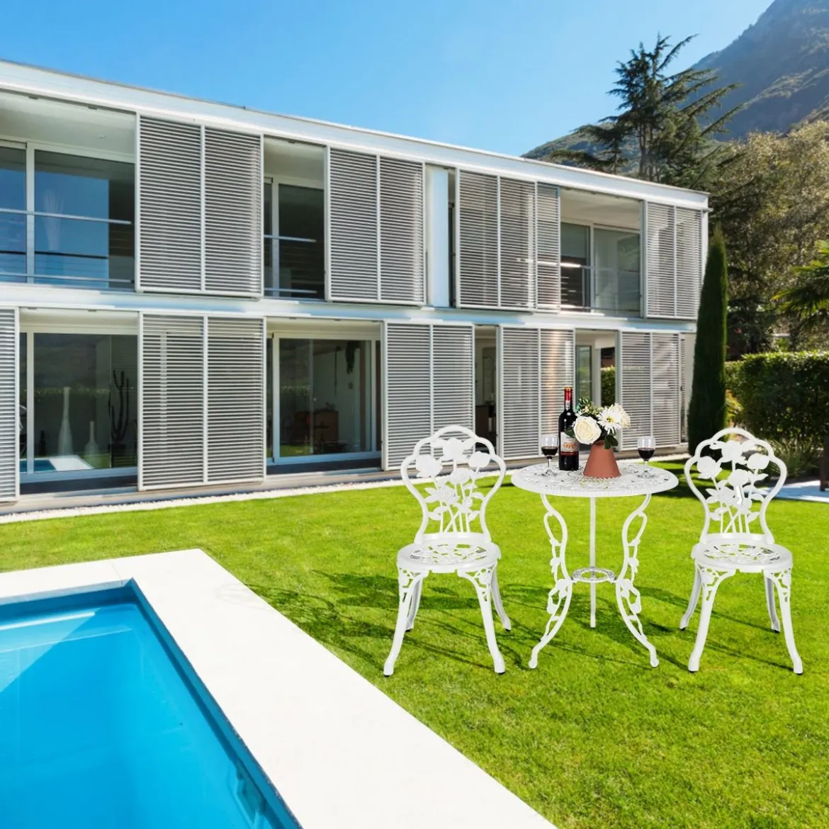 3-tlg. Gartenmöbel Set Balkonset mit 2 Stühle & Tisch aus Aluminiumguss & Gusseisen Rosen