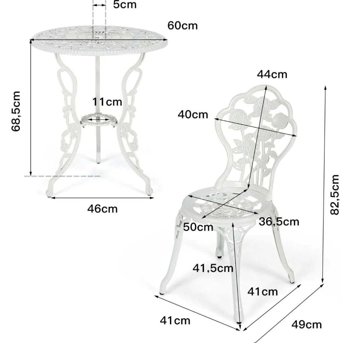 3-tlg. Gartenmöbel Set Balkonset mit 2 Stühle & Tisch aus Aluminiumguss & Gusseisen Rosen
