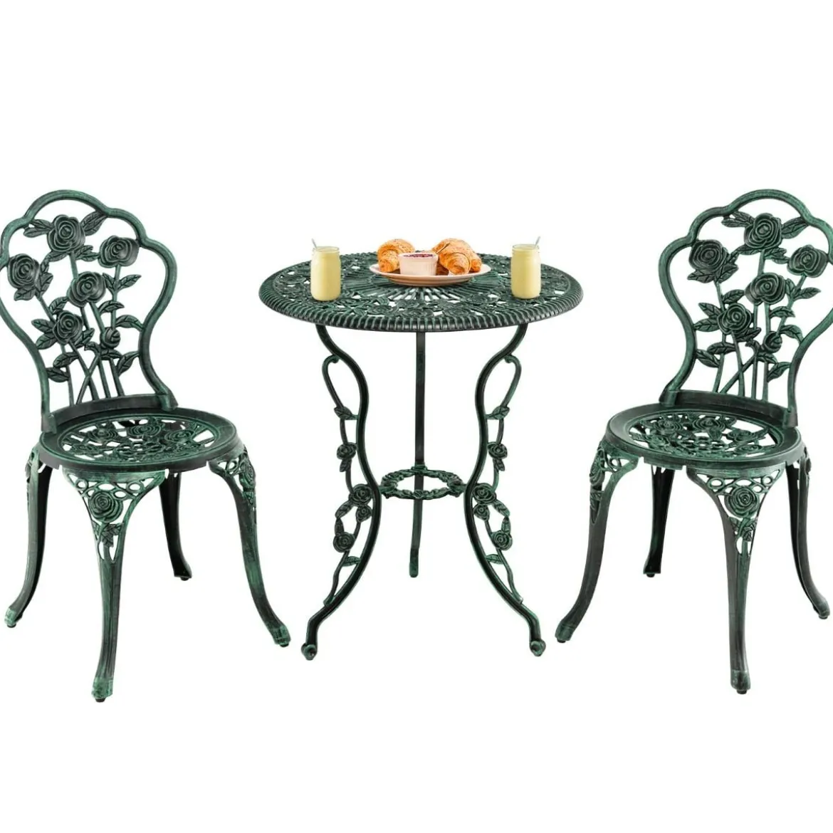 3-tlg. Gartenmöbel Set Balkonset mit 2 Stühle & Tisch aus Aluminiumguss & Gusseisen Rosen