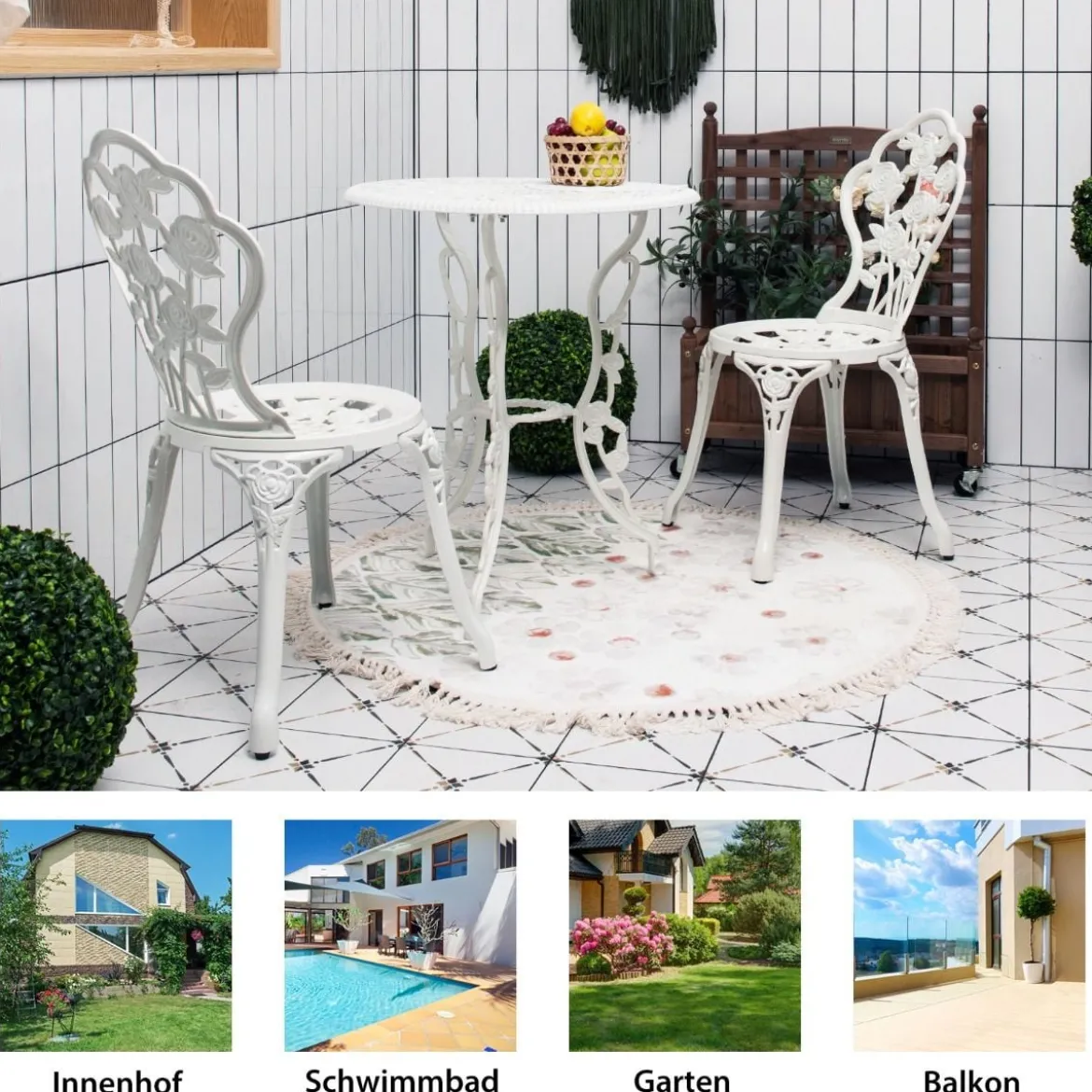 3-tlg. Gartenmöbel Set Balkonset mit 2 Stühle & Tisch aus Aluminiumguss & Gusseisen Rosen