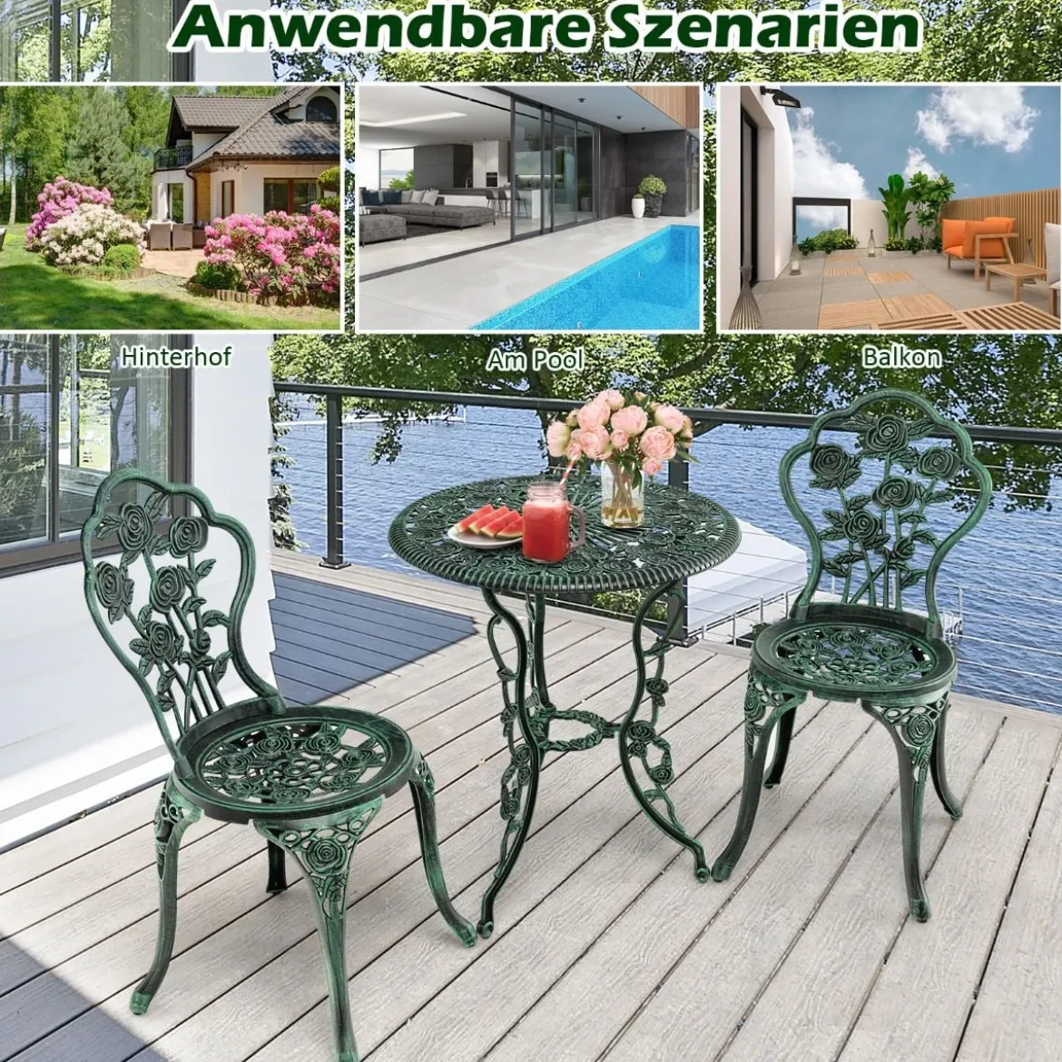 3-tlg. Gartenmöbel Set Balkonset mit 2 Stühle & Tisch aus Aluminiumguss & Gusseisen Rosen