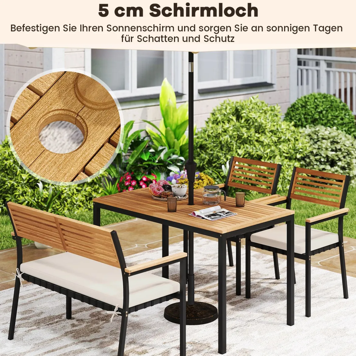 4-TLG. Gartenmöbel Set Essgruppe aus Akazienholz mit Metallrahmen Balkonmöbel mit Tisch 2 Stühle & Sitzbank