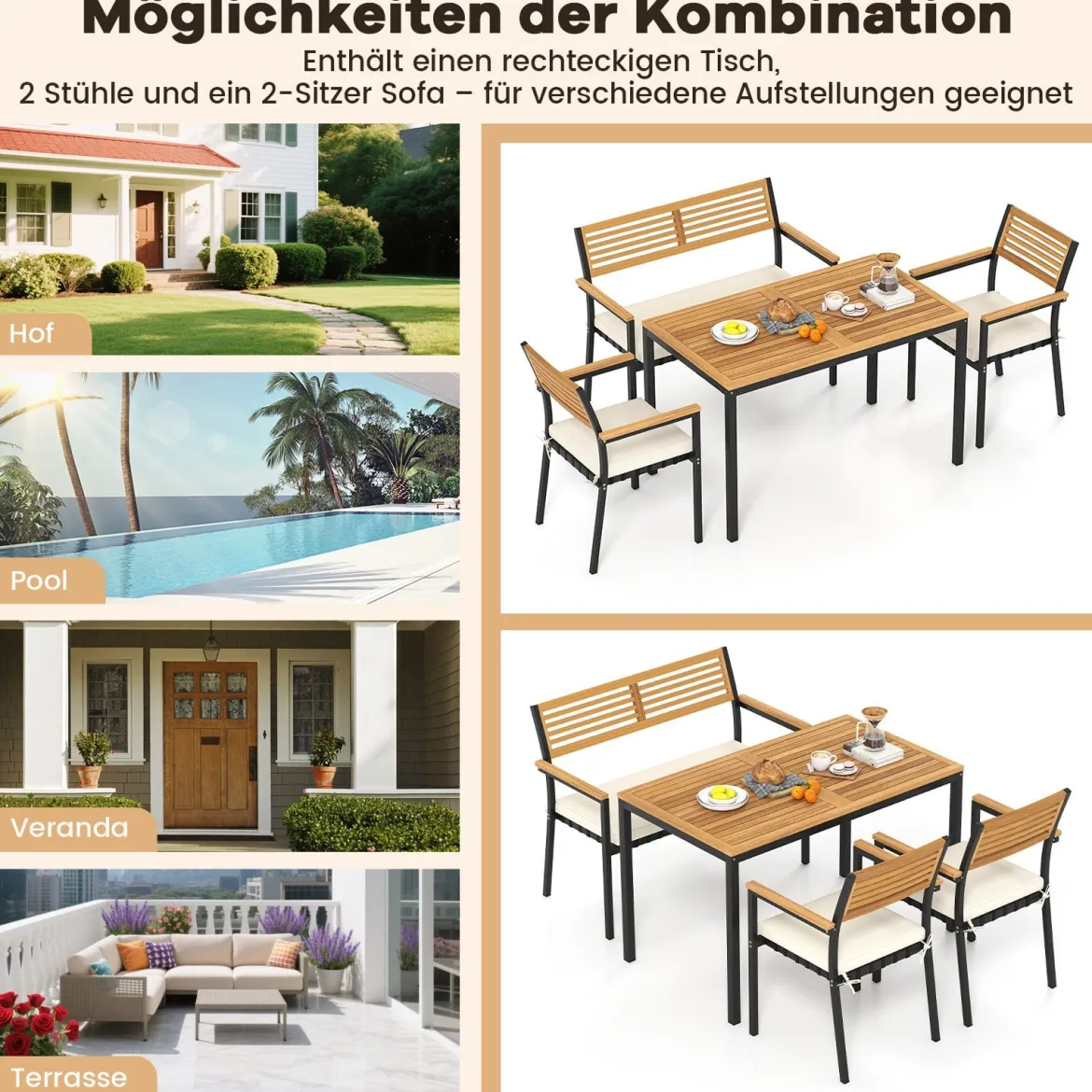 4-TLG. Gartenmöbel Set Essgruppe aus Akazienholz mit Metallrahmen Balkonmöbel mit Tisch 2 Stühle & Sitzbank