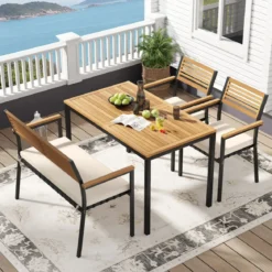 4-TLG. Gartenmöbel Set Essgruppe aus Akazienholz mit Metallrahmen Balkonmöbel mit Tisch 2 Stühle & Sitzbank