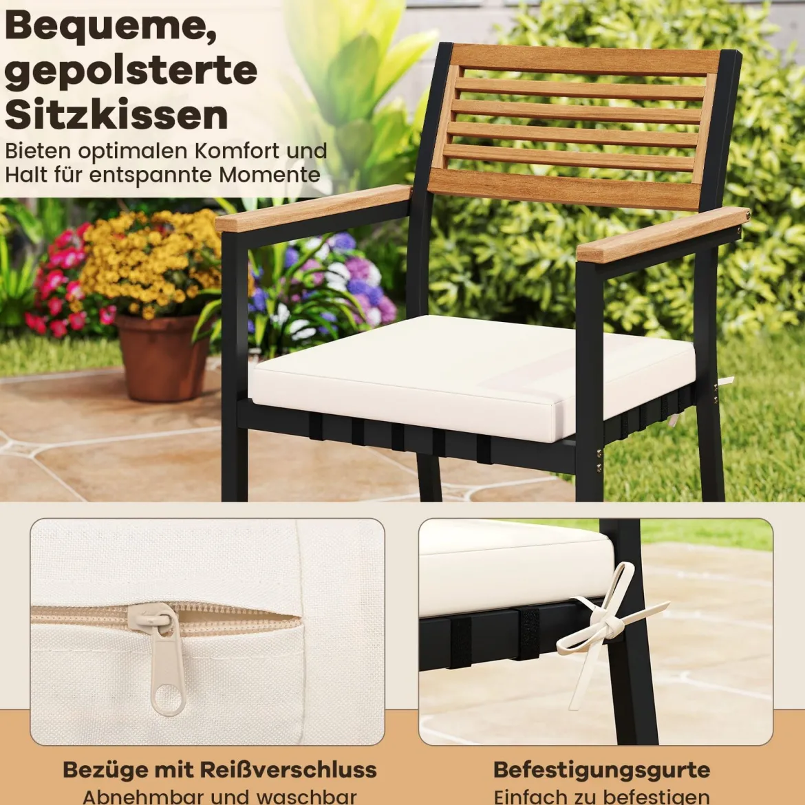 4-TLG. Gartenmöbel Set Essgruppe aus Akazienholz mit Metallrahmen Balkonmöbel mit Tisch 2 Stühle & Sitzbank