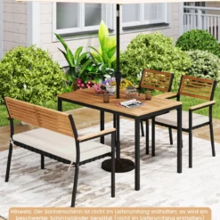 4-TLG. Gartenmöbel Set Essgruppe aus Akazienholz mit Metallrahmen Balkonmöbel mit Tisch 2 Stühle & Sitzbank