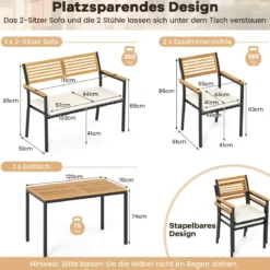 4-TLG. Gartenmöbel Set Essgruppe aus Akazienholz mit Metallrahmen Balkonmöbel mit Tisch 2 Stühle & Sitzbank